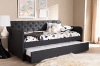 Baxton Studio Camelia Modern and Contemporary Charcoal Grey Fabric Upholstered Button-Tufted Twin Size Sofa Daybed with Roll-Out Trundle Guest Bed