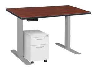 Esteem 42" Height Adjustable Power Desk with Single White Mobile Pedestal - Cherry/Grey