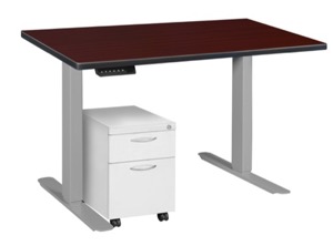 Esteem 48" Height Adjustable Power Desk with Single White Mobile Pedestal - Mahogany/Grey