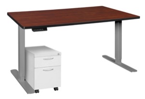 Esteem 60" Height Adjustable Power Desk with Single White Mobile Pedestal - Cherry/Grey