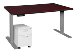 Esteem 60" Height Adjustable Power Desk with Single White Mobile Pedestal - Mahogany/Grey