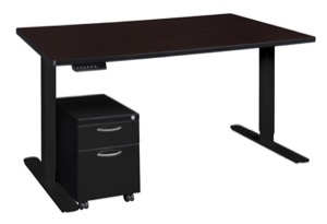 Esteem 60" Height Adjustable Power Desk with Single Black Mobile Pedestal - Mocha Walnut/Black