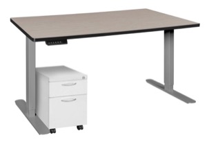 Esteem 60" Height Adjustable Power Desk with Single White Mobile Pedestal - Maple/Grey
