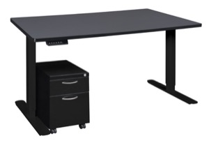 Esteem 66" Height Adjustable Power Desk with Single Black Mobile Pedestal - Grey/Black