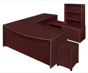 Legacy 71" Hi-Low Bow Front U-Desk with Single Mobile Pedestal and Open Hutch - Mahogany