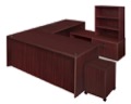 Legacy 71" Hi-Low U-Desk with Single Mobile Pedestal and Open Hutch - Mahogany