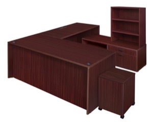 Legacy 71" Hi-Low U-Desk with Single Mobile Pedestal and Open Hutch - Mahogany