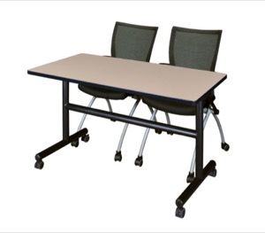 Kobe 48" Flip Top Mobile Training Table - Beige & 2 Apprentice Chairs - Black