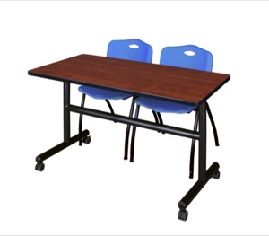 Kobe 48" Flip Top Mobile Training Table - Cherry & 2 'M' Stack Chairs - Blue