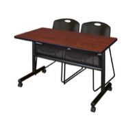 48" x 24" Flip Top Mobile Training Table with Modesty Panel - Cherry and 2 Zeng Stack Chairs - Black
