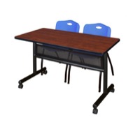 48" x 24" Flip Top Mobile Training Table with Modesty Panel - Cherry and 2 "M" Stack Chairs - Blue