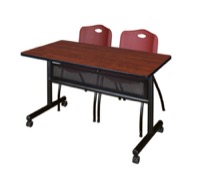 48" x 24" Flip Top Mobile Training Table with Modesty Panel - Cherry and 2 "M" Stack Chairs - Burgundy