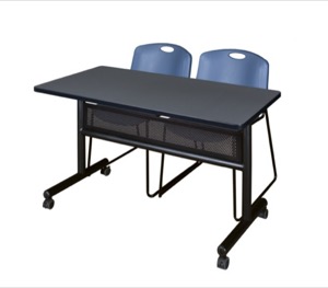 48" x 24" Flip Top Mobile Training Table with Modesty Panel - Grey and 2 Zeng Stack Chairs - Blue