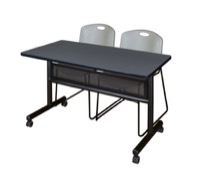 48" x 24" Flip Top Mobile Training Table with Modesty Panel - Grey and 2 Zeng Stack Chairs - Grey