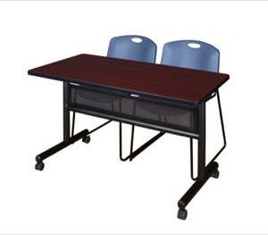 48" x 24" Flip Top Mobile Training Table with Modesty Panel - Mahogany and 2 Zeng Stack Chairs - Blue