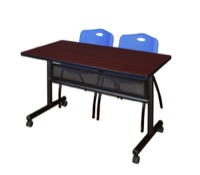 48" x 24" Flip Top Mobile Training Table with Modesty Panel - Mahogany and 2 "M" Stack Chairs - Blue