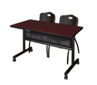 48" x 24" Flip Top Mobile Training Table with Modesty Panel - Mahogany and 2 "M" Stack Chairs - Black