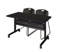 48" x 24" Flip Top Mobile Training Table with Modesty Panel - Mocha Walnut and 2 Zeng Stack Chairs - Black