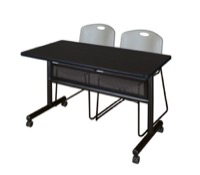 48" x 24" Flip Top Mobile Training Table with Modesty Panel - Mocha Walnut and 2 Zeng Stack Chairs - Grey