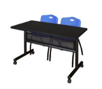 48" x 24" Flip Top Mobile Training Table with Modesty Panel - Mocha Walnut and 2 "M" Stack Chairs - Blue