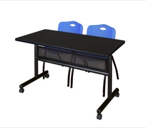 48" x 24" Flip Top Mobile Training Table with Modesty Panel - Mocha Walnut and 2 "M" Stack Chairs - Blue