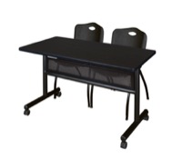 48" x 24" Flip Top Mobile Training Table with Modesty Panel - Mocha Walnut and 2 "M" Stack Chairs - Black