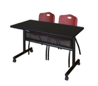 48" x 24" Flip Top Mobile Training Table with Modesty Panel - Mocha Walnut and 2 "M" Stack Chairs - Burgundy