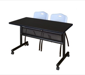 48" x 24" Flip Top Mobile Training Table with Modesty Panel - Mocha Walnut and 2 "M" Stack Chairs - Grey