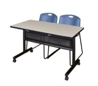 48" x 24" Flip Top Mobile Training Table with Modesty Panel - Maple and 2 Zeng Stack Chairs - Blue