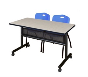 48" x 24" Flip Top Mobile Training Table with Modesty Panel - Maple and 2 "M" Stack Chairs - Blue