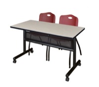 48" x 24" Flip Top Mobile Training Table with Modesty Panel - Maple and 2 "M" Stack Chairs - Burgundy