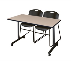 48" x 24" Kobe T-Base Mobile Training Table - Beige & 2 Zeng Stack Chairs - Black
