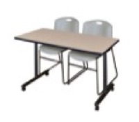 48" x 24" Kobe T-Base Mobile Training Table - Beige & 2 Zeng Stack Chairs - Grey