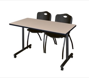 48" x 24" Kobe T-Base Mobile Training Table - Beige & 2 'M' Stack Chairs - Black