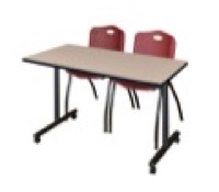 48" x 24" Kobe T-Base Mobile Training Table - Beige & 2 'M' Stack Chairs - Burgundy