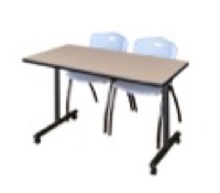 48" x 24" Kobe T-Base Mobile Training Table - Beige & 2 'M' Stack Chairs - Grey