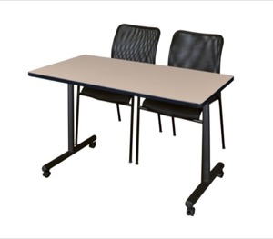 48" x 24" Kobe T-Base Mobile Training Table - Beige & 2 Mario Stack Chairs - Black