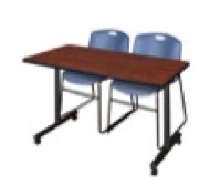 48" x 24" Kobe T-Base Mobile Training Table - Cherry & 2 Zeng Stack Chairs - Blue
