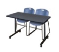 48" x 24" Kobe T-Base Mobile Training Table - Grey & 2 Zeng Stack Chairs - Blue