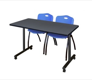 48" x 24" Kobe T-Base Mobile Training Table - Grey & 2 'M' Stack Chairs - Blue