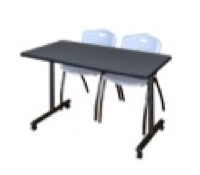 48" x 24" Kobe T-Base Mobile Training Table - Grey & 2 'M' Stack Chairs - Grey