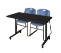 48" x 24" Kobe T-Base Mobile Training Table - Mocha Walnut & 2 Zeng Stack Chairs - Blue
