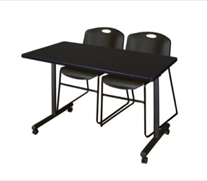 48" x 24" Kobe T-Base Mobile Training Table - Mocha Walnut & 2 Zeng Stack Chairs - Black