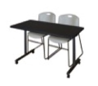48" x 24" Kobe T-Base Mobile Training Table - Mocha Walnut & 2 Zeng Stack Chairs - Grey
