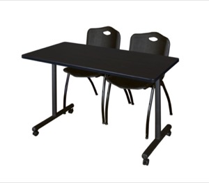 48" x 24" Kobe T-Base Mobile Training Table - Mocha Walnut & 2 'M' Stack Chairs - Black