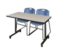 48" x 24" Kobe T-Base Mobile Training Table - Maple & 2 Zeng Stack Chairs - Blue