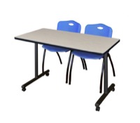 48" x 24" Kobe T-Base Mobile Training Table - Maple & 2 'M' Stack Chairs - Blue