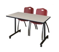 48" x 24" Kobe T-Base Mobile Training Table - Maple & 2 'M' Stack Chairs - Burgundy