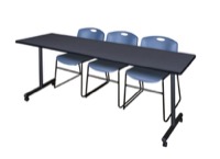 84" x 24" Kobe T-Base Mobile Training Table - Grey & 3 Zeng Stack Chairs - Blue