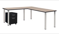 Kee 60" Single Pedestal L-Desk with 42" Return, Beige/Chrome